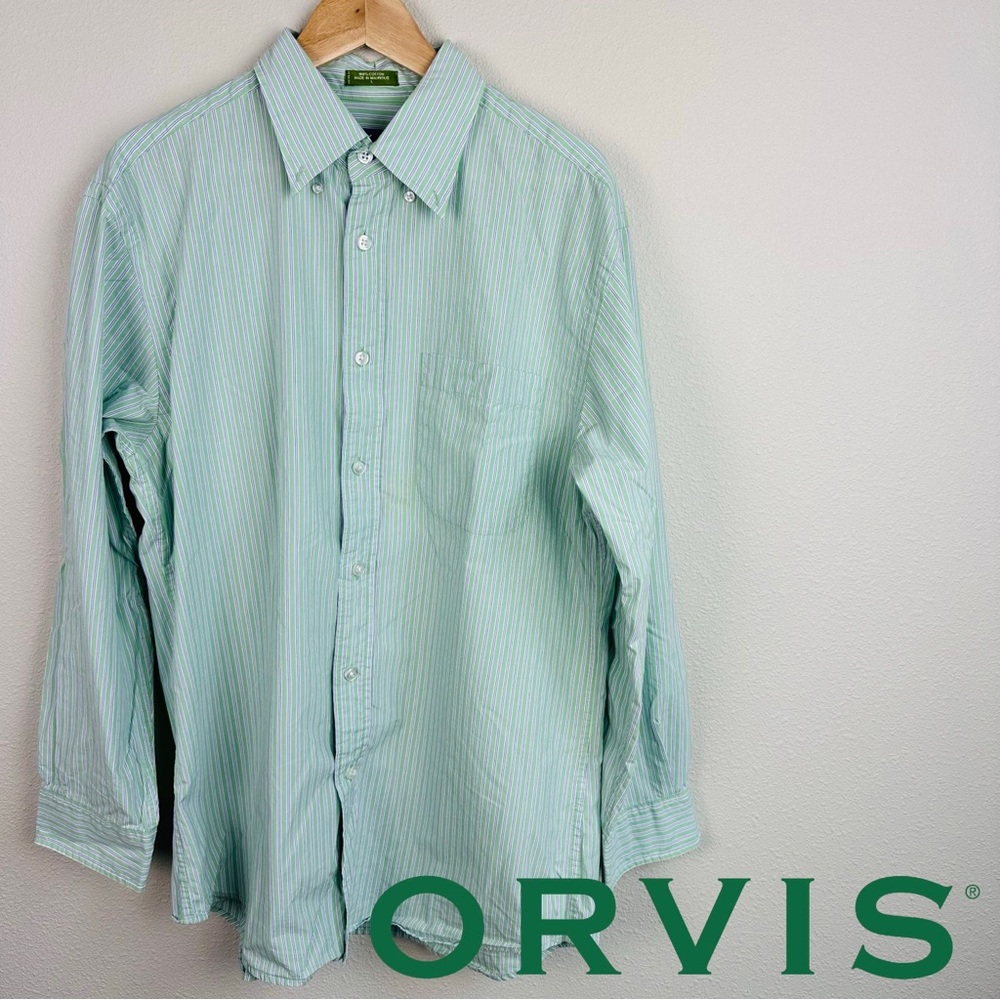 Men’s Orvis L Long-Sleeved Green Stripe‎ Cotton Button-Down